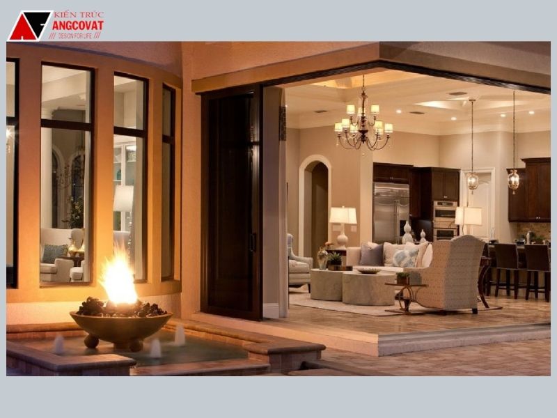 Trang trí nội thất mẫu biệt thự 1 tầng tân cổ điển đẹp phòng khách kết hợp phòng ăn giúp tích kiệm diện tích