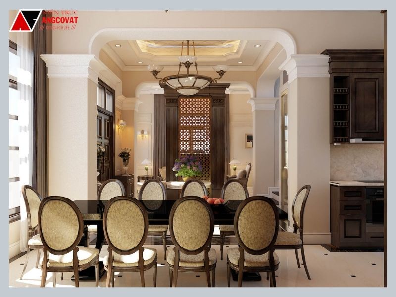 Nội thất phòng ăn mẫu biệt thự 1 tầng tân cổ điển đẹp thiết kế mở thông thoáng, rộng rãi