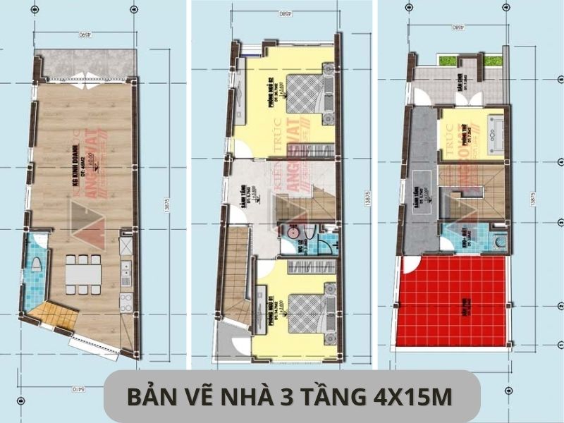 Bản vẽ nhà 3 tầng 4x15m đẹp, chuẩn công năng 