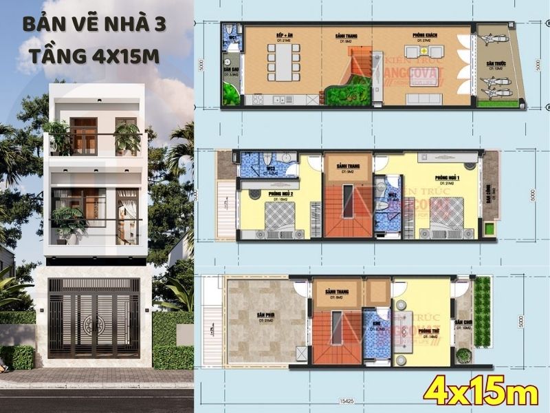 Những điều cần lưu ý khi thiết kế bản vẽ nhà 3 tầng 4x15m 