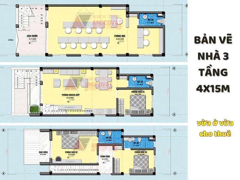 Mặt bằng nhà 3 tầng ngang 4m dài 15m vừa ở vừa cho thuê 