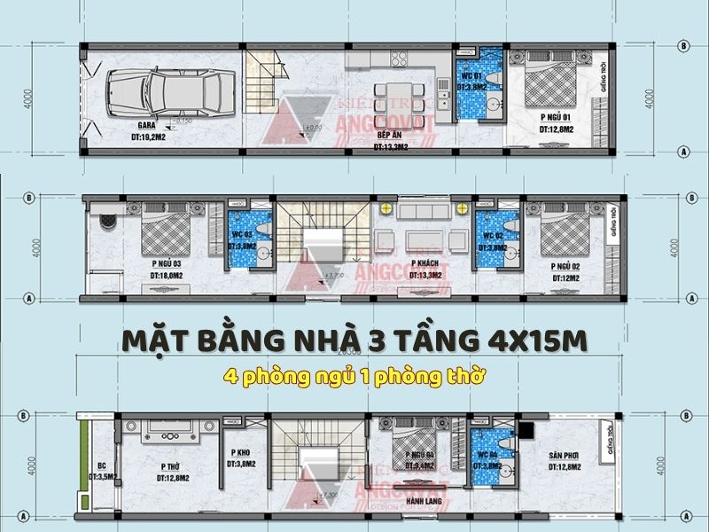 Bản vẽ mặt bằng nhà 3 tầng 4x15m 4 phòng ngủ 1 phòng thờ 