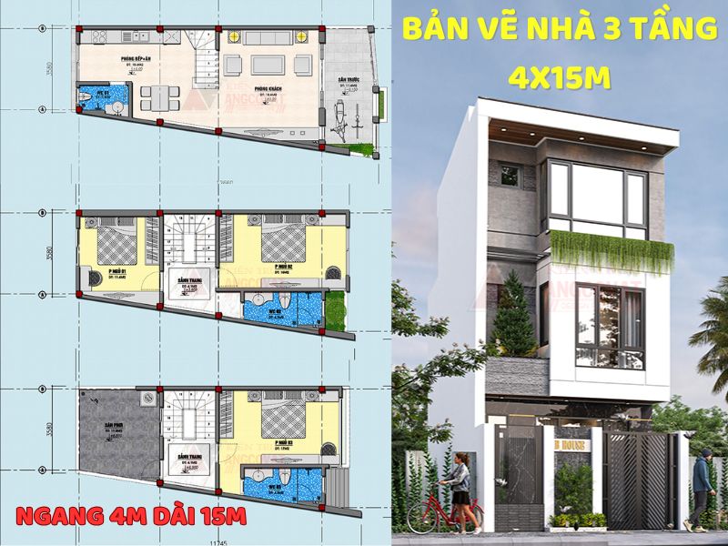 Bản vẽ thiết kế nhà 3 tầng 4x15m trên đất thóp hậu