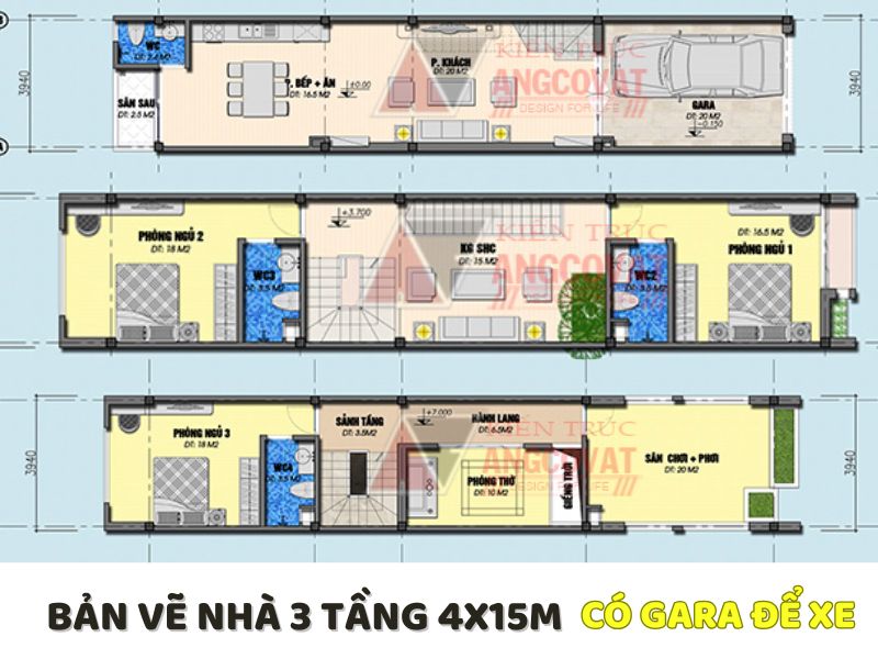 Bản vẽ mặt bằng nhà 3 tầng 4x15m có gara để xe