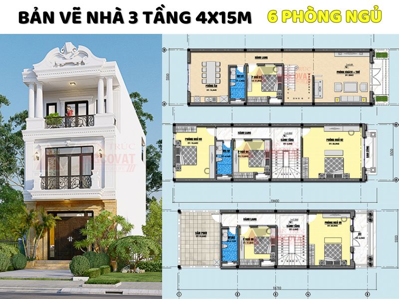 Thiết kế mặt bằng nhà 3 tầng 4x15m 6 phòng ngủ phù hợp cho gia đình đông người 