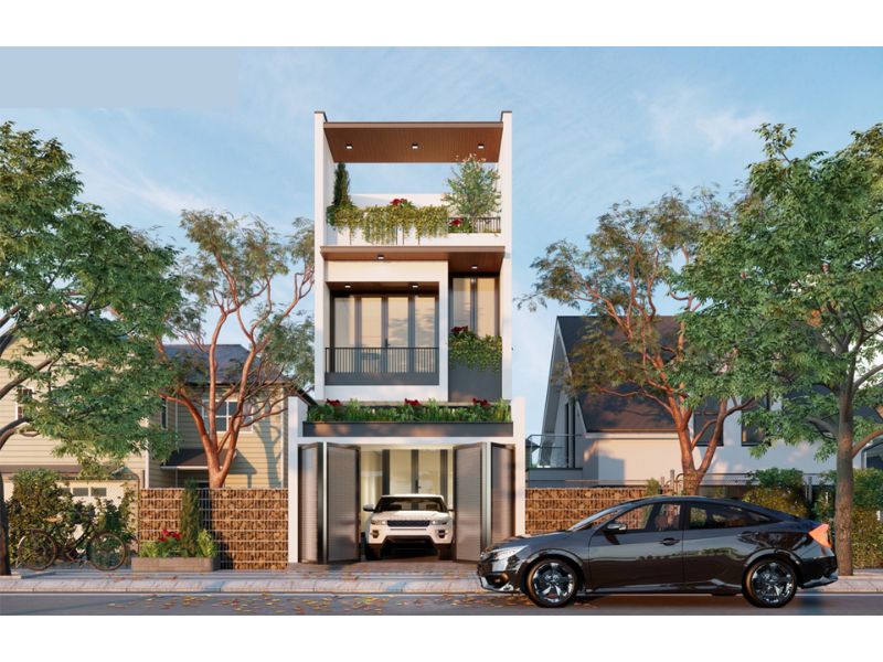 Thiết kế nhà 6x17 có gara ô tô 2 tầng 1 tum hiện đại 