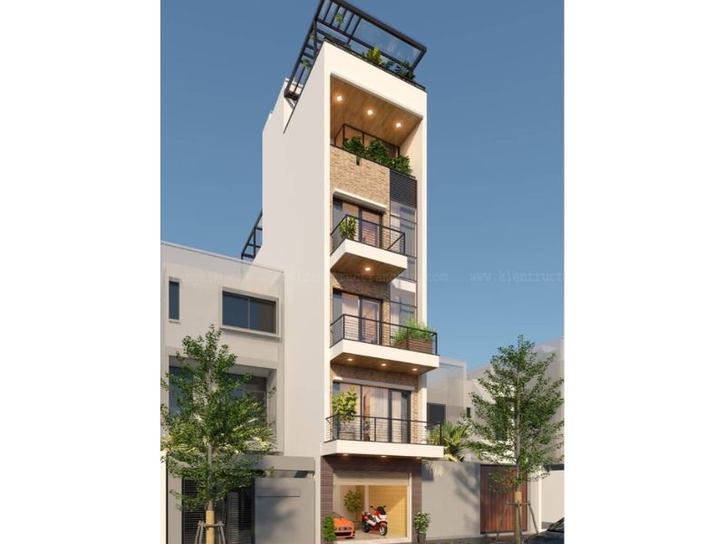 Tham khảo thiết kế nhà ngang 6m dài 17m 5 tầng mặt tiền ốp đá vừa ngăn chặn bụi bẩn lại có giá trị bền bỉ theo thời gian 