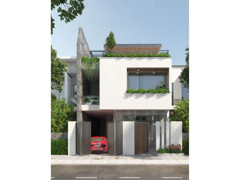 Thiết kế nhà 6x17 có gara tận dụng khoảng sân thượng rộng rãi để bố trí tiểu cảnh, cây xanh 