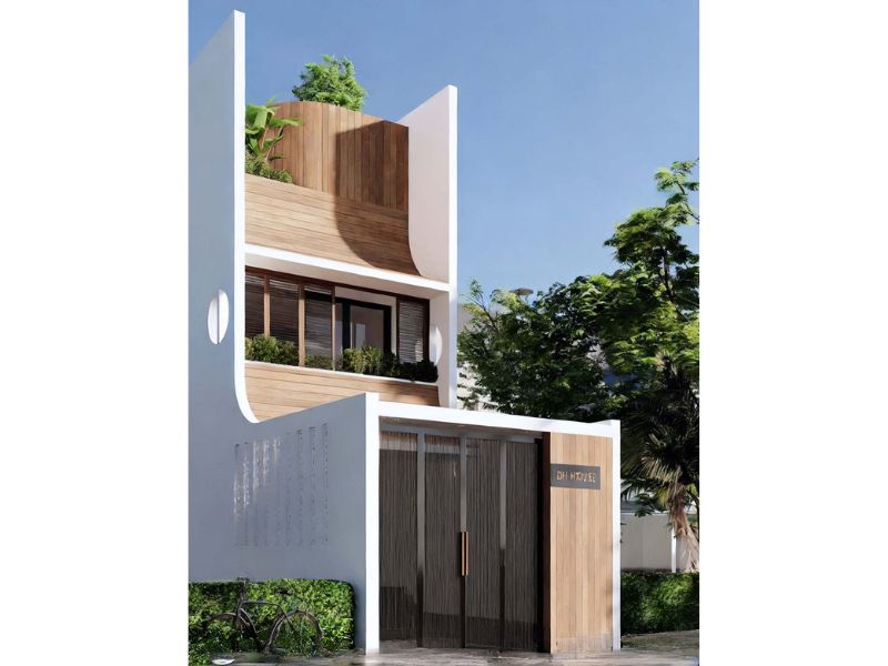 Mặt tiền nhà 6x17 ốp gỗ mộc mạc, ấm áp 