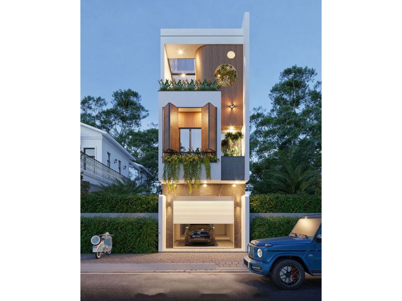 Hình ảnh nhà 6x17 có gara lung linh khi màn đêm buông xuống  