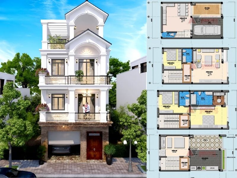 Bản vẽ thiết kế nha 6x17 có gara ô tô 3 phòng ngủ 1 phòng thờ