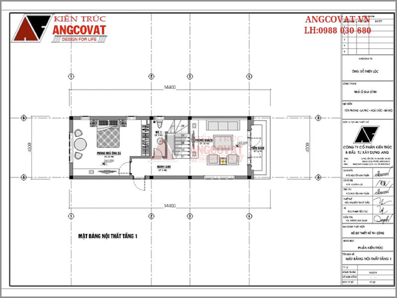 Mặt bằng nội thất tầng 1: Thiết kế nhà ống mái chéo 3 tầng diện tích 65m2