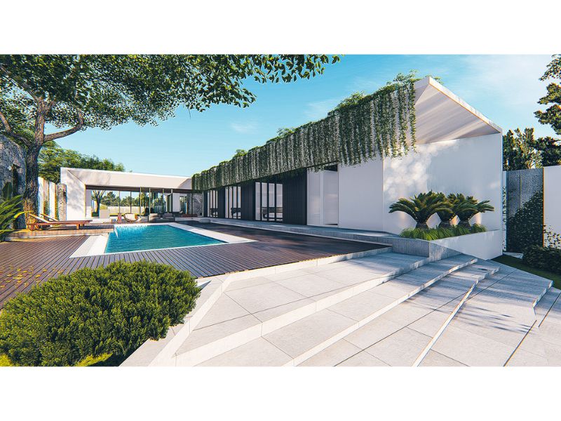 Mẫu biêt thự 1 tầng có bể bơi chữ L 500m2