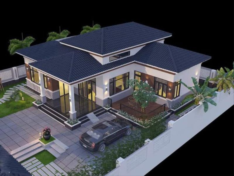 Nhà vườn 1 tầng 500m2 mái Nhật có hình khối vuông vắn