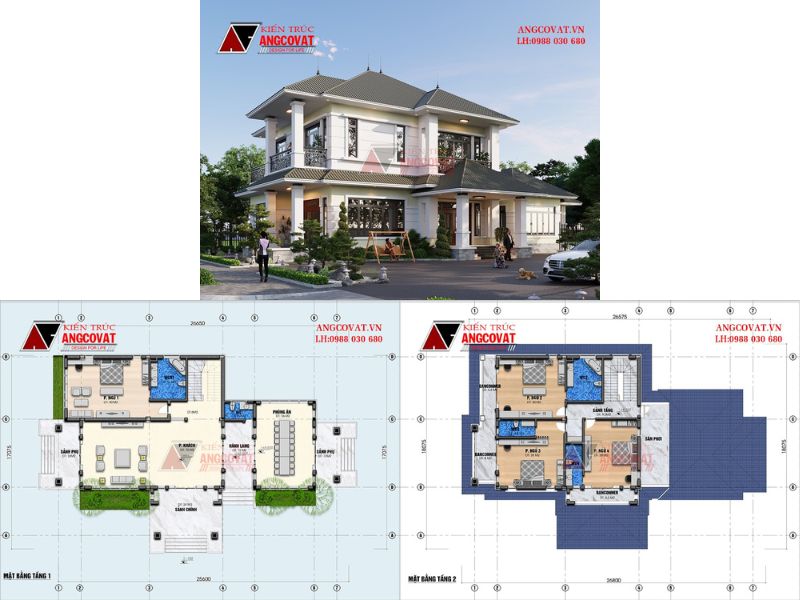 Bản vẽ nhà mái nhật 2 tầng 4 phòng ngủ 270m2
