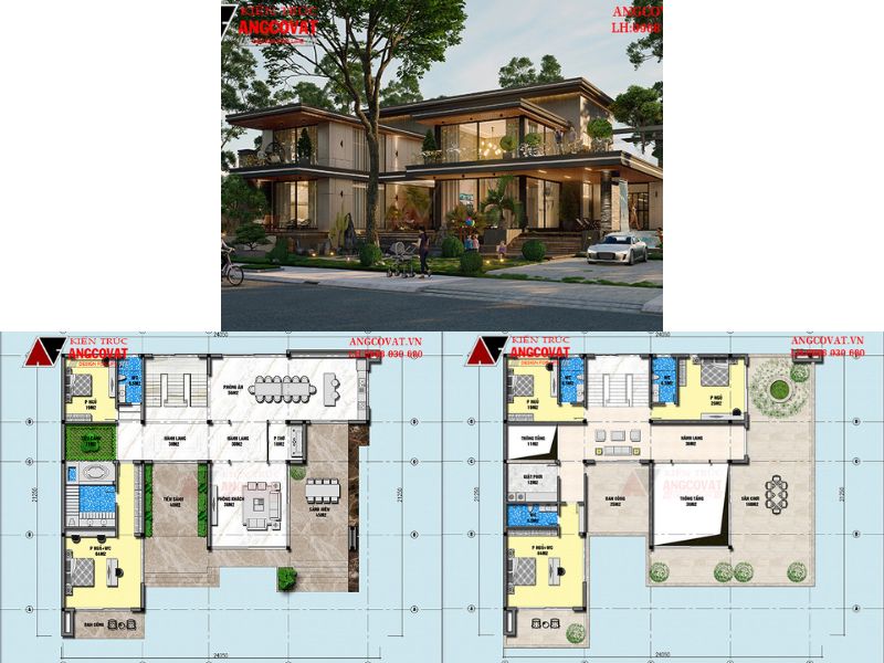 Mặt bằng công năng biệt thự 2 tầng hiện đại mái bằng