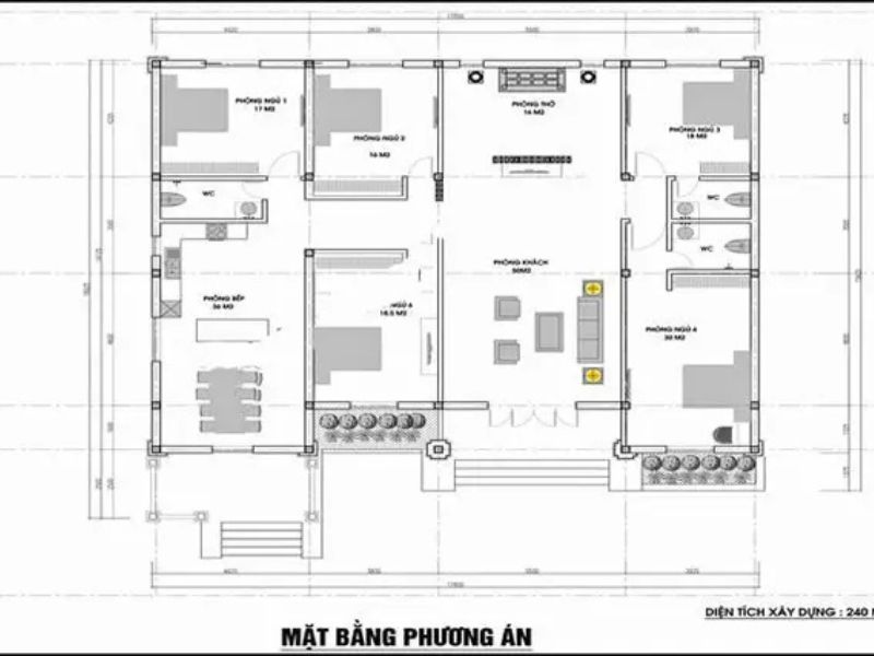 Mặt bằng mẫu nhà vườn 1 tầng 5 phòng ngủ 240m2