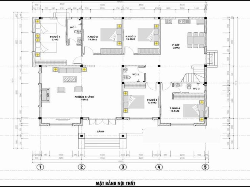 Mặt bằng lý tưởng thiết kế nhà cấp 4 5 phòng ngủ