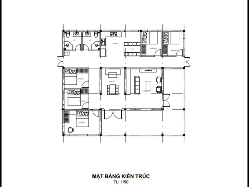Thiết kế mặt bằng nhà chữ L 1 tầng 5 ngủ