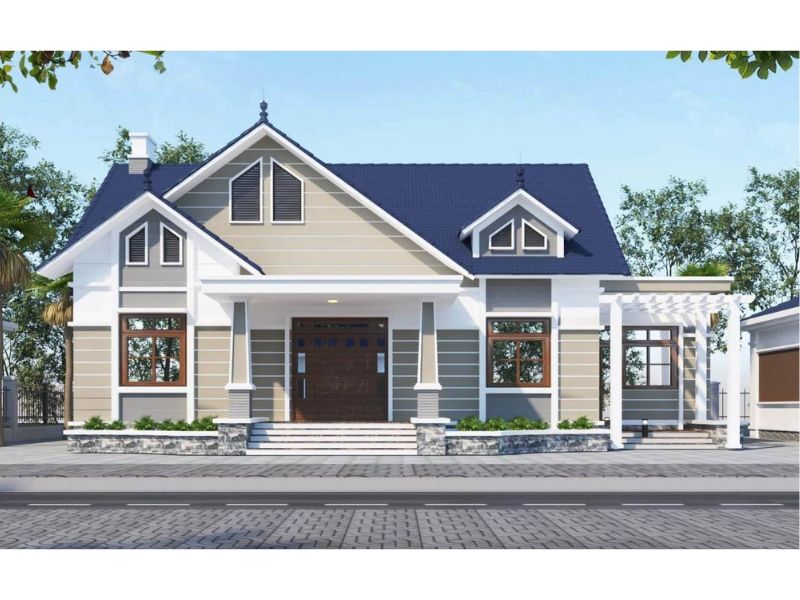 Nhà mái thái mặt tiền 9m màu xanh