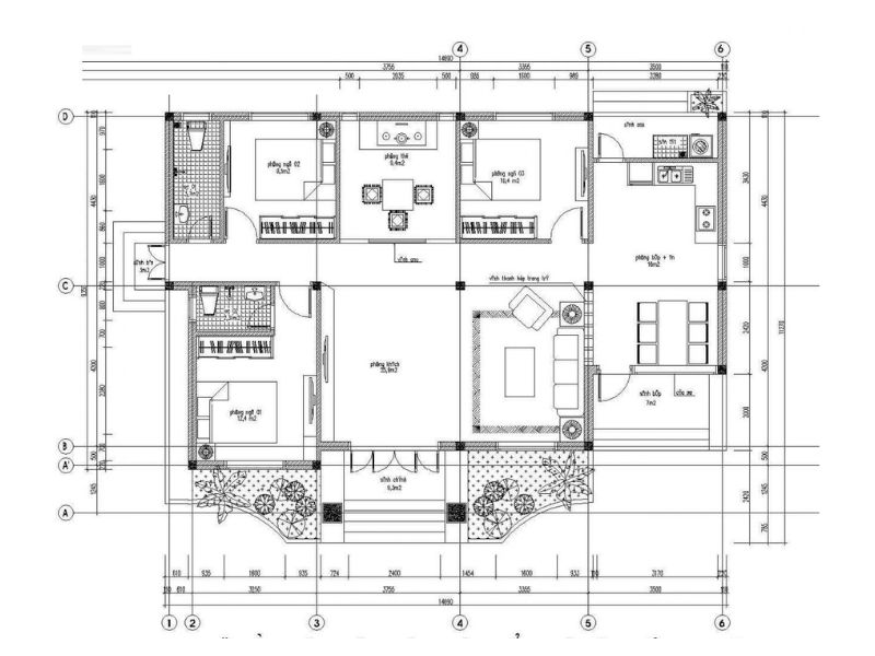 Bản vẽ 1: Bố trí công năng cho mẫu nhà cấp 4 1 tầng 9x15m 3 ngủ