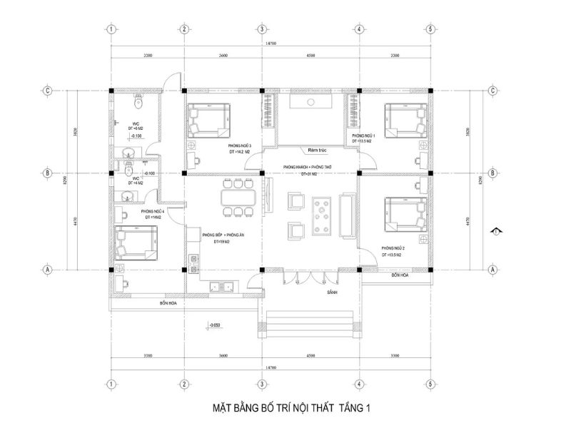Bản vẽ 2: Bố trí công năng cho mẫu nhà cấp 4 1 tầng 9x15m 3 ngủ