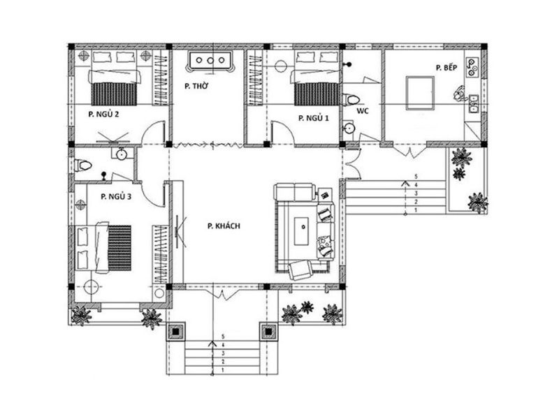 Bản vẽ 4: Bố trí công năng cho mẫu nhà cấp 4 1 tầng 9x15m 3 ngủ