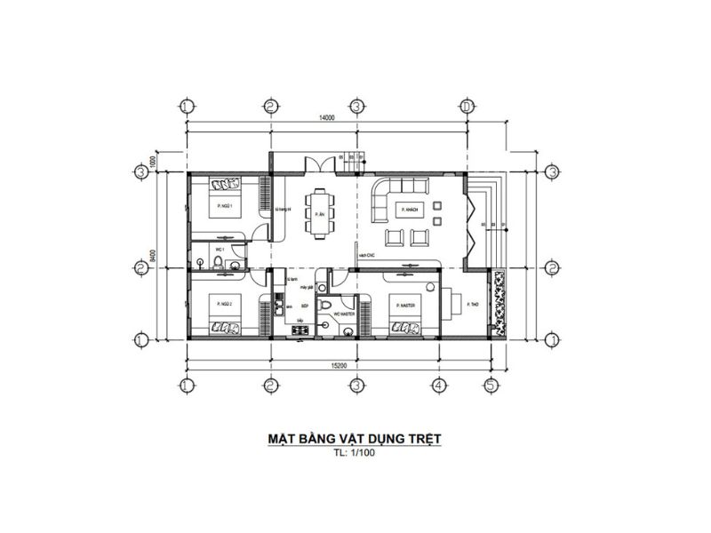 Bản vẽ 5: Bố trí công năng cho mẫu nhà cấp 4 1 tầng 9x15m 3 ngủ