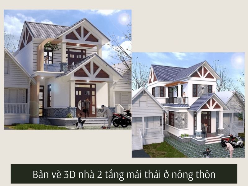 Bản vẽ 3D nhà 2 tầng mái thái ở nông thôn