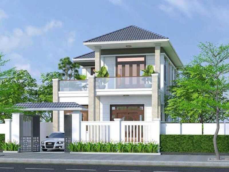 Thiết kế nhà 2 tầng chữ L 90m2 phong cách hiện đại phố