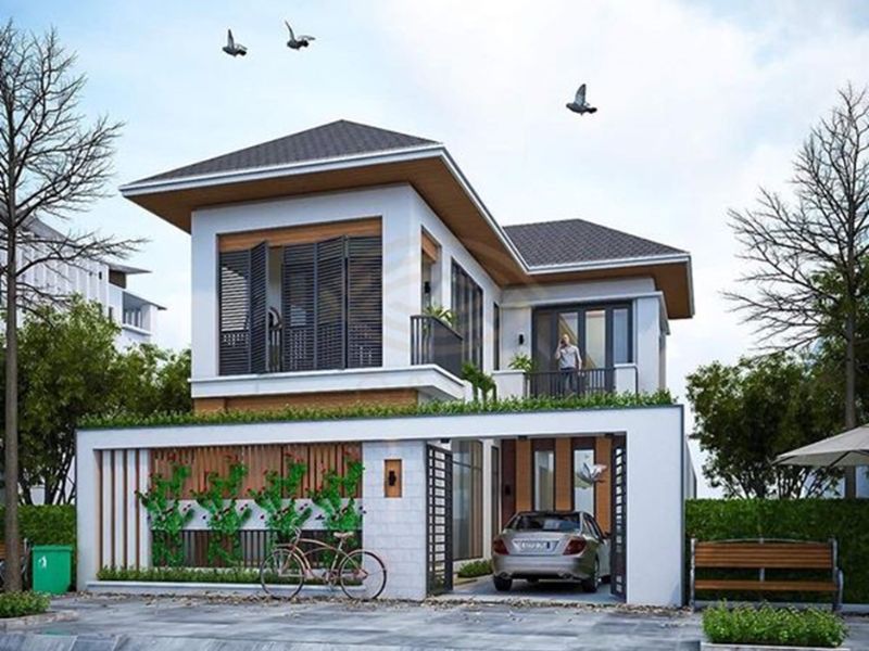 Mẫu nhà chữ L 90m2 Mái Nhật 2 tầng sang trọng