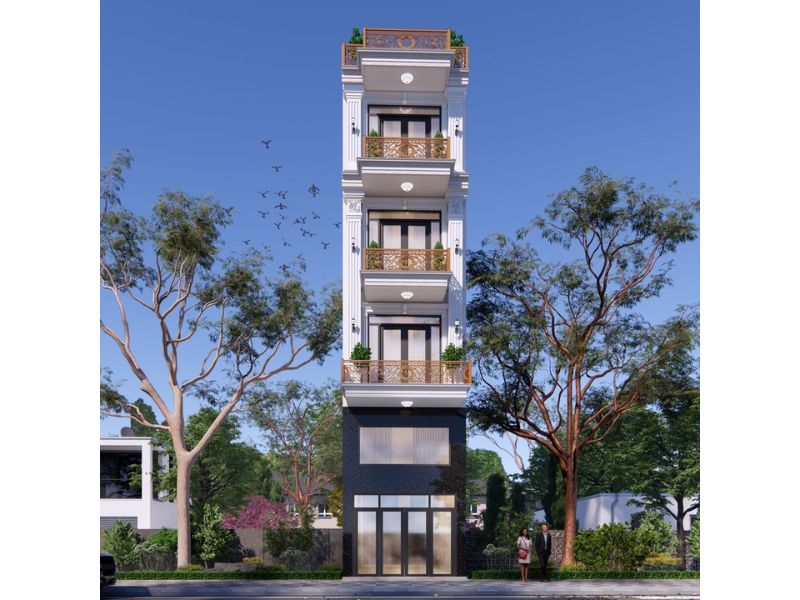 Thiết kế mặt tiền nhà phố 5m 5 tầng có ban công đua rộng tạo sự thoáng đãng