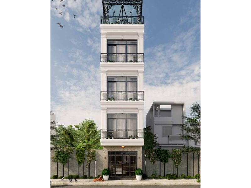 Ngoại thất mặt tiền nhà phố 5m 5 tầng thiết kế tối giản nhưng tinh tế