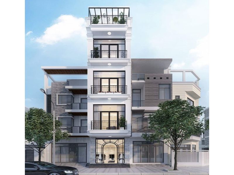 Thiết kế ngoại thất nhà phố mặt tiền 5m sử dụng gam màu trắng sang trọng, nổi bật
