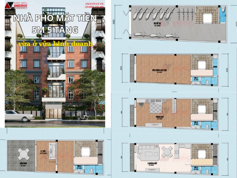 Bản vẽ nhà phố mặt tiền 5m 5 tầng vừa ở vừa kết hợp kinh doanh hiệu quả