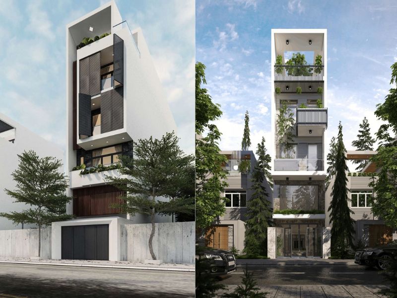 Thiết kế nhà phố 5 tầng kết hợp mảng xanh thiên nhiên xanh mát