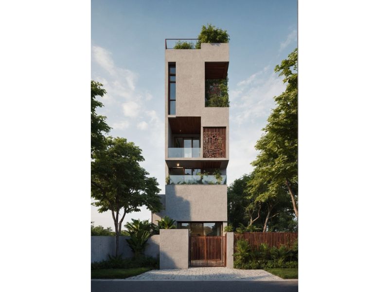 Nhà phố 5x16m thiết kế các mảng tường phẳng ốp đá ghi tối giản nhưng không kém phần thu hút