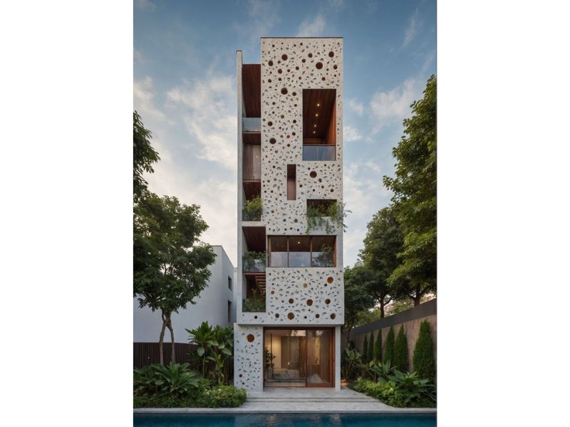 Mặt tiền nhà phố 5m trang trí đục lỗ hoa văn ngẫu nhiên