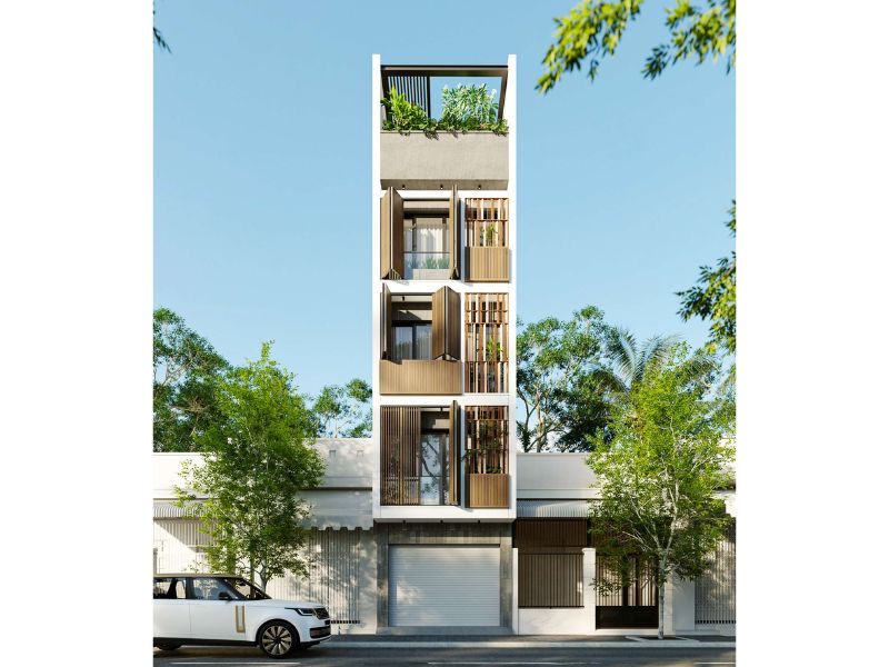 Nhà phố 5 tầng thiết kế lam chắn giả gỗ