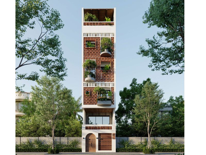 Sử dụng  gạch thông gió đất nung tạo điểm nhấn trang trí cho mẫu nhà phố ngang 5m 5 tầng