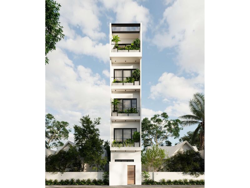 Mặt tiền nhà phố 5m 5 tầng sử dụng vách kính lớn kịch trần và ban công trồng tiểu cảnh thoáng đãng