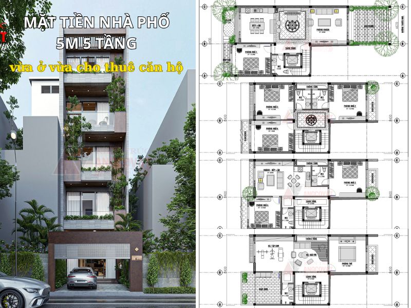 Thiết kế bản vẽ nhà phố ngang 5m 5 tầng vừa ở vừa cho thuê căn hộ