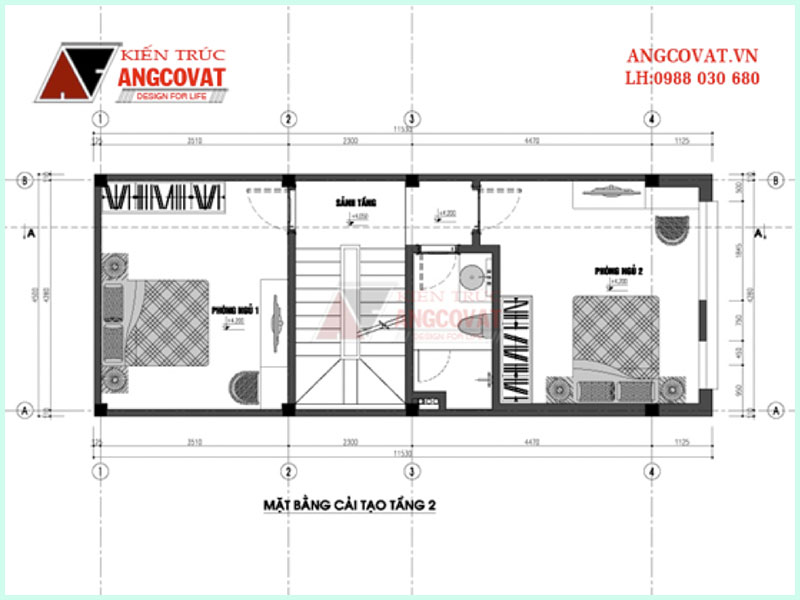 Mặt bằng tầng 2 thiết kế nhà ống 50m2 4 tầng có 5 phòng ngủ tại Ba Đình – Hà Nội