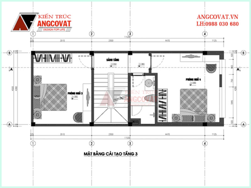 Mặt bằng tầng 3 thiết kế nhà ống 50m2 4 tầng có 5 phòng ngủ tại Ba Đình – Hà Nội