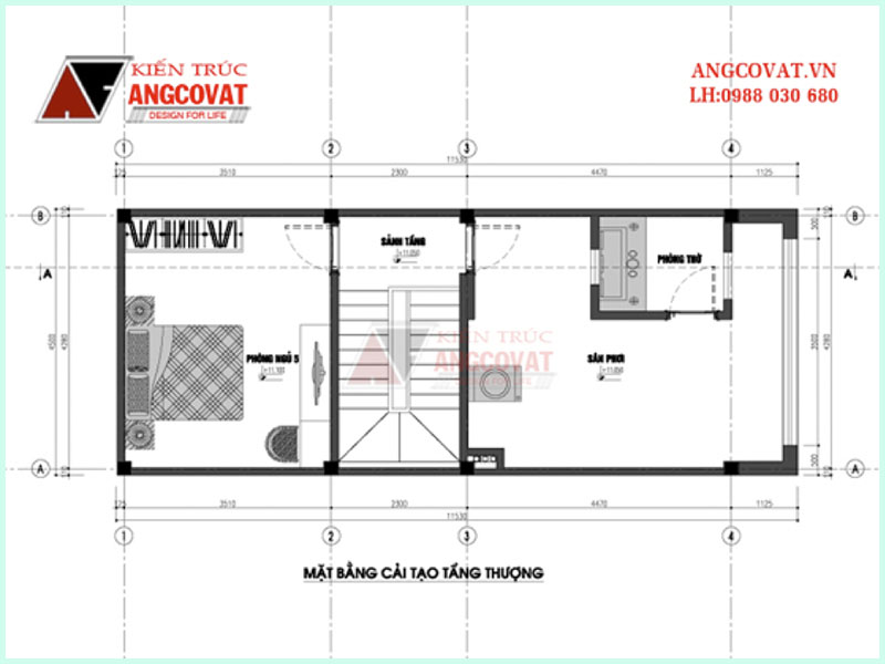 Mặt bằng tầng 4 thiết kế nhà ống 50m2 4 tầng có 5 phòng ngủ tại Ba Đình – Hà Nội