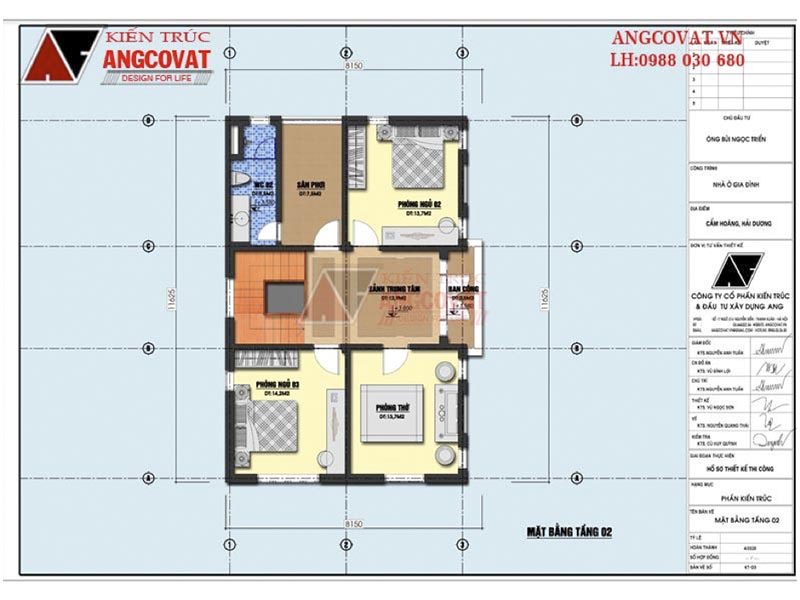 Mặt bằng tầng 2: Thiết kế nhà 90m2 3 phòng ngủ 2 tầng đơn giản kích thước 12x8m