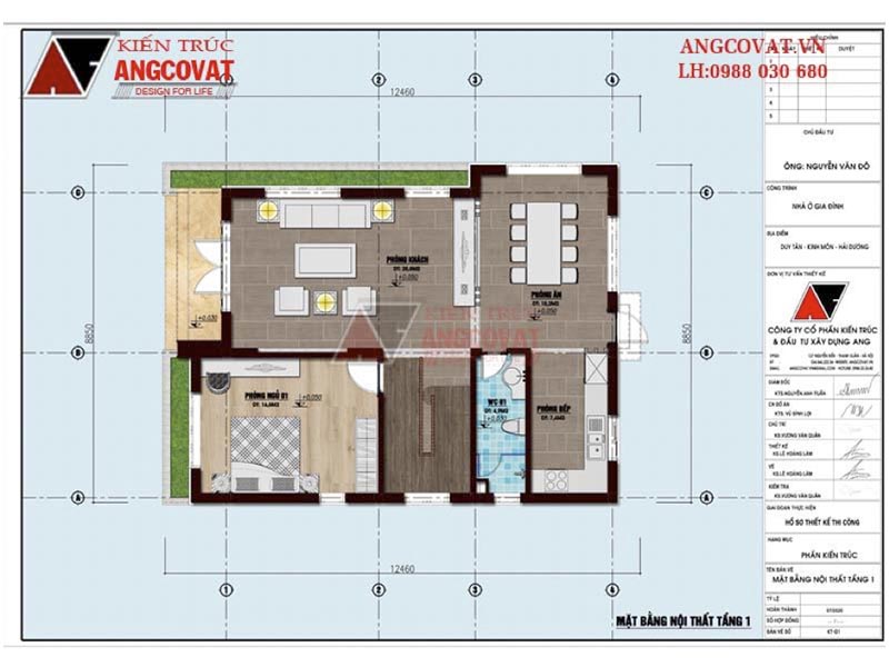 Mặt bằng tầng 1: Thiết kế nhà 90m2 3 phòng ngủ kích thước 9x12m 2 tầng mái bằng