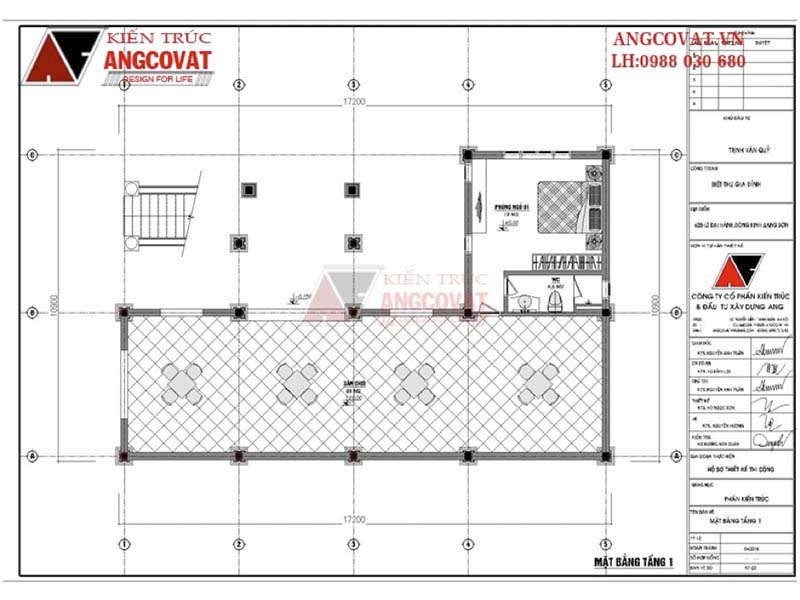 Mặt bằng tầng 1: Thiết kế nhà sàn bê tông 1 gian 2 trái diện tích 150m2 có 3 phòng ngủ