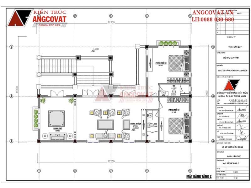 Mặt bằng tầng 2: Thiết kế nhà sàn bê tông 1 gian 2 trái diện tích 150m2 có 3 phòng ngủ