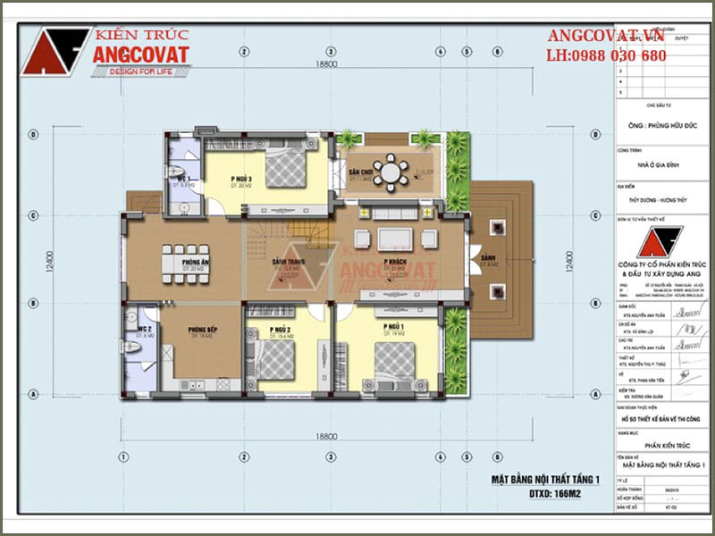 Mặt bằng tầng 1: Thiết kế nhà cấp 4 4 phòng ngủ có gác lửng diện tích 160m2